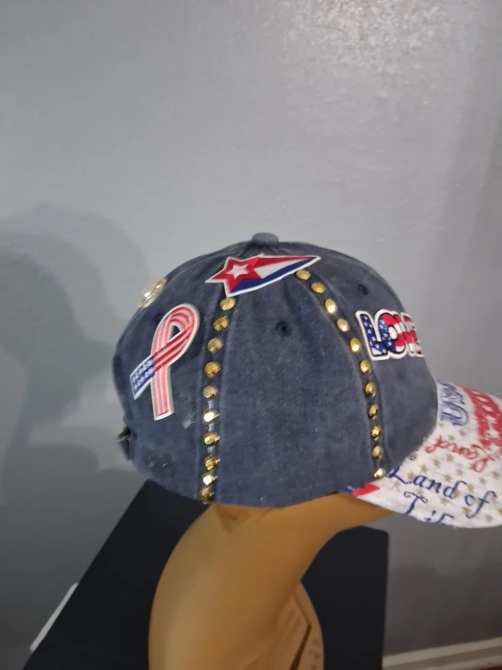 Hand Crafted USA Patriotic Baseball Cap in Gray, Red, White, Blue